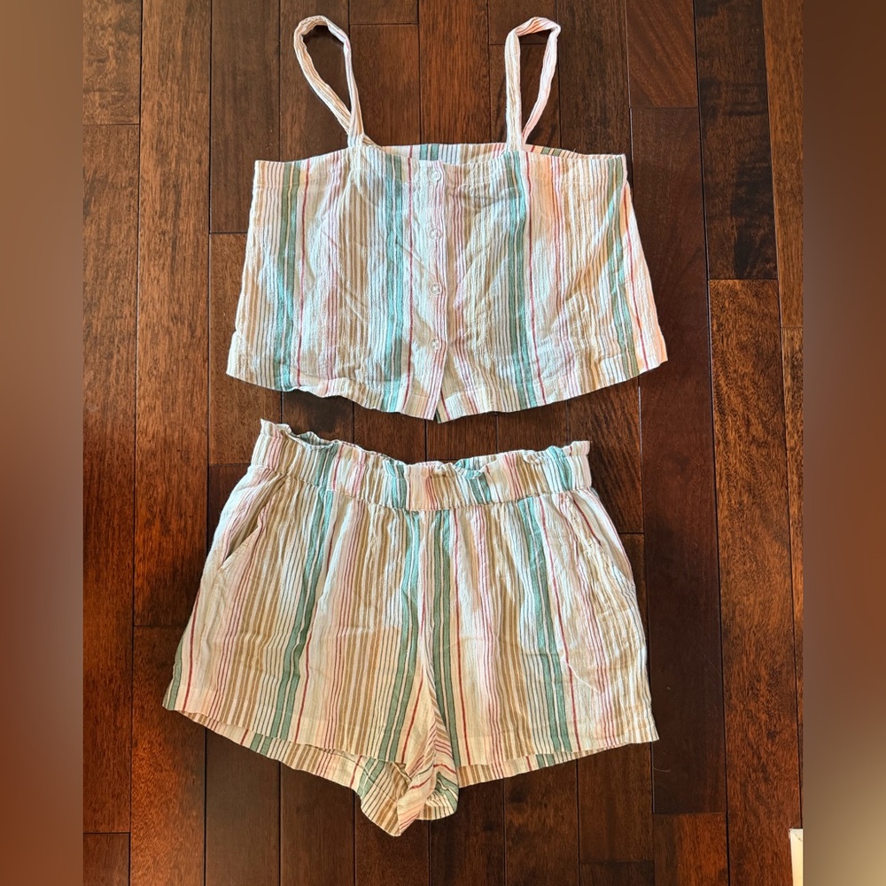 LOFT Beach sz L Multi-Striped Cotton Shorts Set